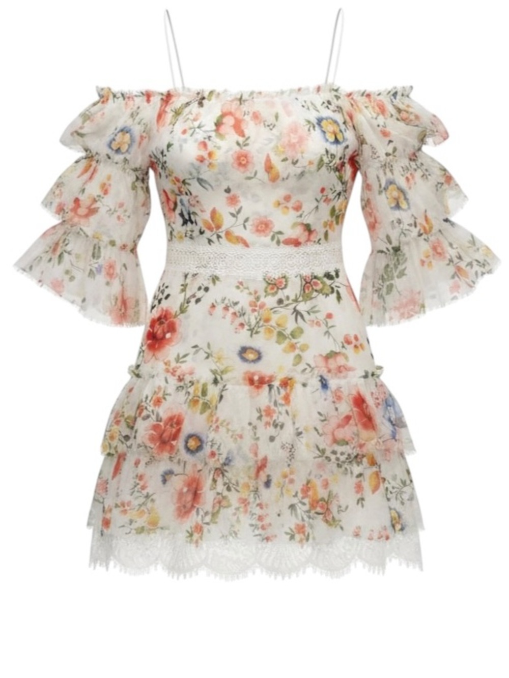 Alice + Olivia Santos Silk Floral Lace Flutter Sleeve On/Off Shoulder Mini Dress